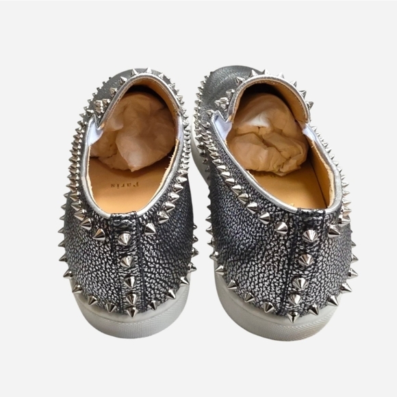 Christian Louboutin Pik Boat Metallic Silver Leather Spiked Slip On Sneakers 40 - Picture 4 of 13